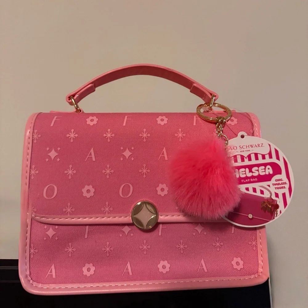 FAO SCHWARZ Pink bag with pompom keychain and sunglasses NWT